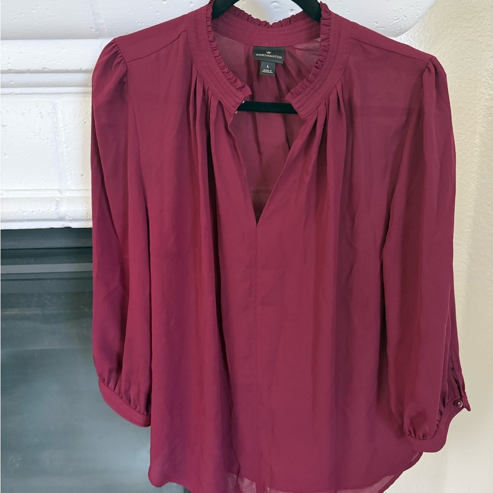 Worthington Wine Split V-Neck Ruffle Blouse